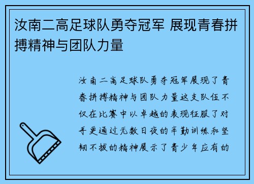 汝南二高足球队勇夺冠军 展现青春拼搏精神与团队力量